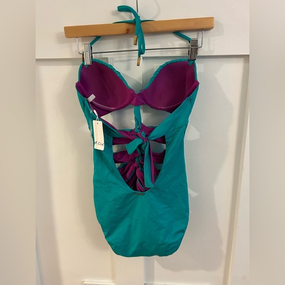 A. Che Luna teal Cutout Shirred Underwire Maillot One Piece Swimsuit 10 C/D - Picture 3 of 5